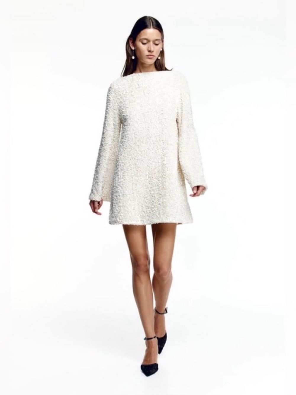H&M White Bouclé Mini Dress Black Bow Back Long Sleeve Textured | Size XS